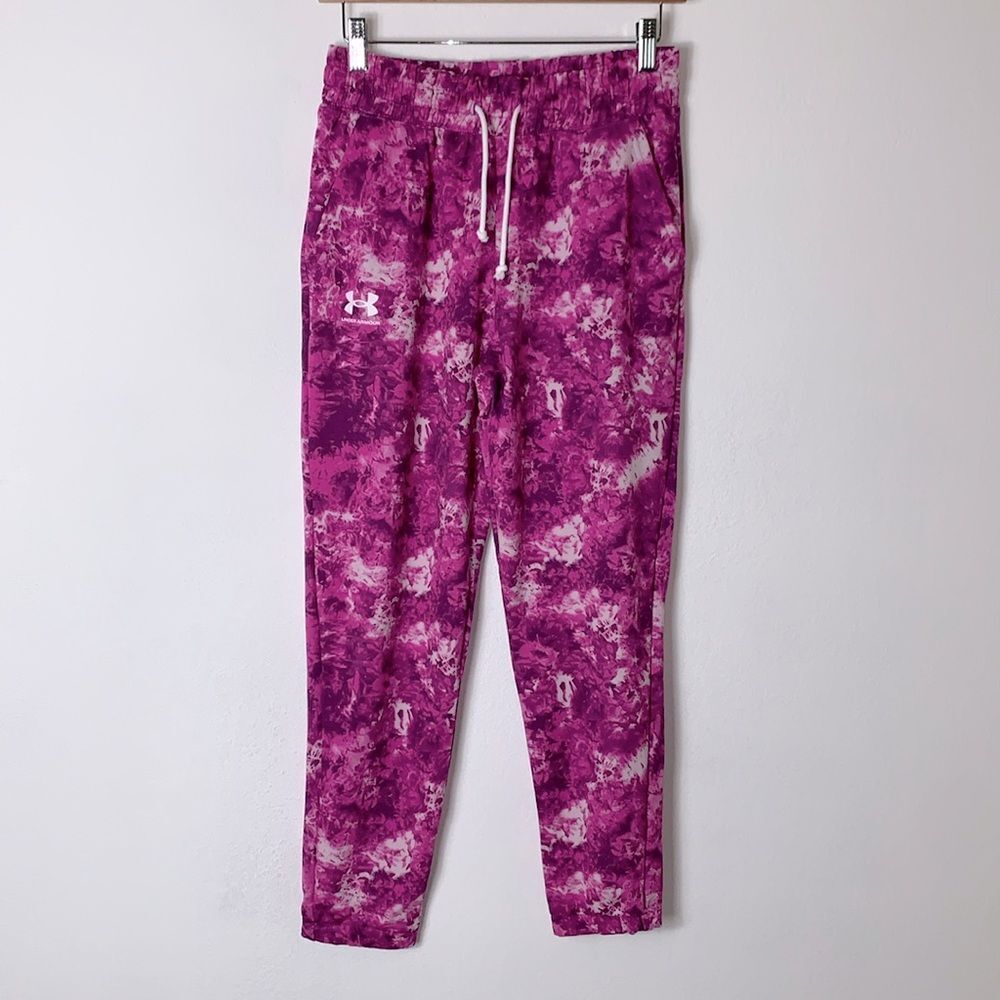 NWT Women’s Under Armour Rival Terry Print Loose Fit Pink Jogger Sweatpants XS